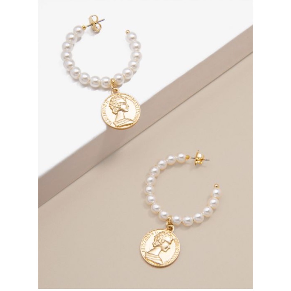 Pearl Hoop earrings with dangling coin  drop charm